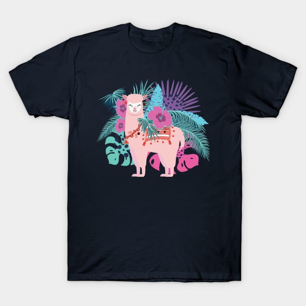 Pink Alpaca with exotic leaves and flowers T-Shirt by AnnArtshock